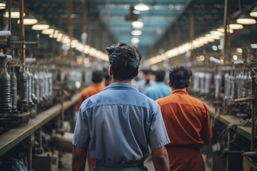 Indian Male Workers in Factory Seen From Behind generative ai