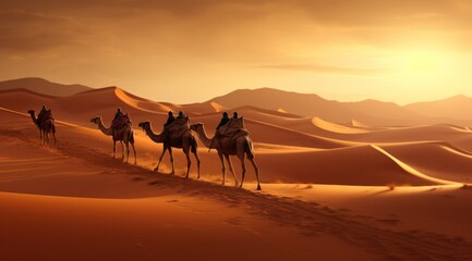 Fototapeta na wymiar Caravanning Through the Sahara: Majestic Camels in the Desert Sands generative ai