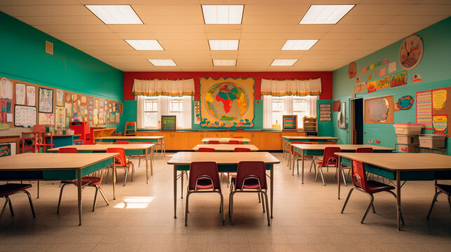 Aula de colegio de ni&ntilde;os vac&iacute;a e iluminada 