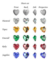 Set of heart-cut gemstones from different angles. Cutting scheme. Isolated crystals on a transparent background. 3d rendering.