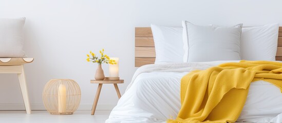 Stylish and luxurious bedroom with yellow pillow white blanket oak single bed bedside lamp and cozy design for everyday condo living