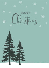 Christmas New Years card with dark silhouettes of pine trees on vintage blue background with white snowflakes and hand lettering Merry Christmas. Farmhouse style