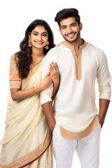 Joyful Indian Couple Embracing Tradition Against a White Backdrop generative ai 