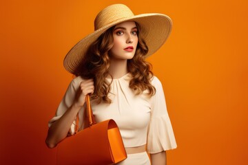 woman with a handbag wearing hat orange background generative ai