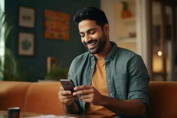  Indian man texting on cellphone at living room generative ai