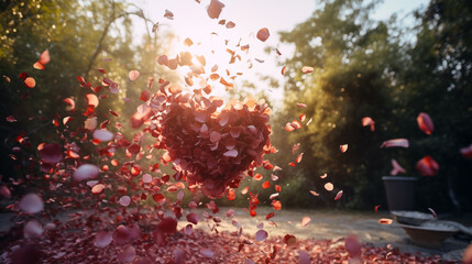 pink heart made of rose petals in the wind, sign of love, Valentine's Day