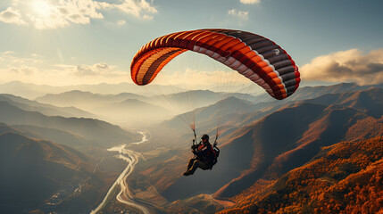 An exhilarating shot of a paraglider performing acrobatic maneuvers, spiraling and looping in the air, highlighting the skill and daring nature of the sport - obrazy, fototapety, plakaty