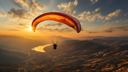 An exhilarating shot of a paraglider performing acrobatic maneuvers, spiraling and looping in the air, highlighting the skill and daring nature of the sport