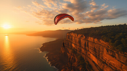 A paraglider launching from a rugged cliff, capturing the moment they break free from solid ground and enter the world of flight, a blend of thrill and tranquility - obrazy, fototapety, plakaty