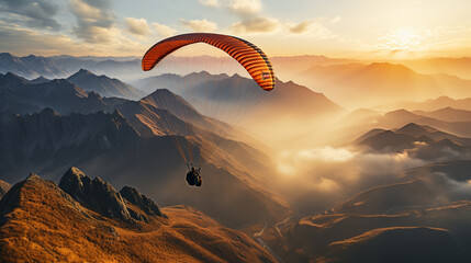 A dynamic shot of a paraglider maneuvering through narrow mountain passes, skillfully navigating the challenging terrain, a testament to the sport's technicality - obrazy, fototapety, plakaty