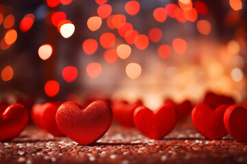 Valentine's day greeting card. Red hearts on the table with bokeh lights.