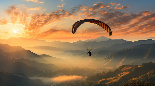 A paraglider taking off at sunrise, the soft morning light painting the sky with pastel hues, creating a scene of peaceful beginnings and a day filled with possibilities