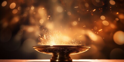 Bronze Trophy Plate with Fire Flying, Evoking the Holy Grail, Faith, and Biblical Reverence, Rests on a Sacred Pedestal, Symbolizing the Profound Connection of Religion - obrazy, fototapety, plakaty