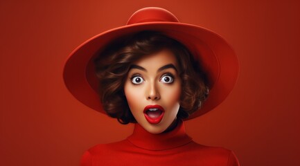 portrait of young indian woman in red hat surprising expression isolated background generative ai