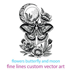 Flowers butterfly and moon fine lines custom vector art