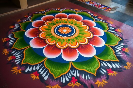Vibrant flower and chalk rangoli art. Generative AI