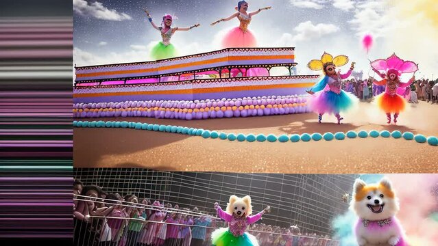 Portrait of a happy Pomeranian dog dressed as Carnival with makeup, wig, glitter collars and feather boas celebrating in a street day parade. Generative AI.
