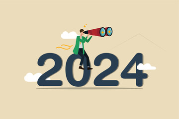 Year 2024 business outlook, forecast or planning for the future, setting goals, success or achievements, the businessman is sitting on 2024 with his binoculars and is observing the future.