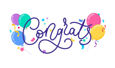 Congratulations flat style greeting card with colorful confetti, balloons and lettering isolated on white background. Festive vector illustration for celebration, party, Birthday, graduation, game ui