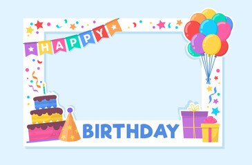 Happy Birthday Cartoon Party Frame. Vibrant Vector Illustration for Birthday Card, Collages, Photobooth or Album. Flat style Frame B-day event Template for Kids. Celebration and party concept.