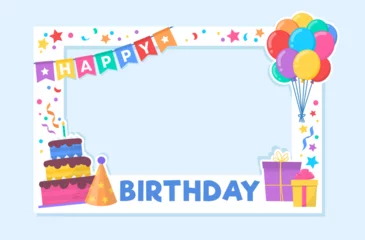 Fototapeten Happy Birthday Cartoon Party Frame. Vibrant Vector Illustration for Birthday Card, Collages, Photobooth or Album. Flat style Frame B-day event Template for Kids. Celebration and party concept. © mitoria