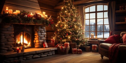Log Cabin with an Elegant Fireplace Adorned with Christmas Decorations and Flanked by Cheerful Christmas Trees, Creating a Cozy Holiday Haven Filled with Festive Charm and Warmth - obrazy, fototapety, plakaty