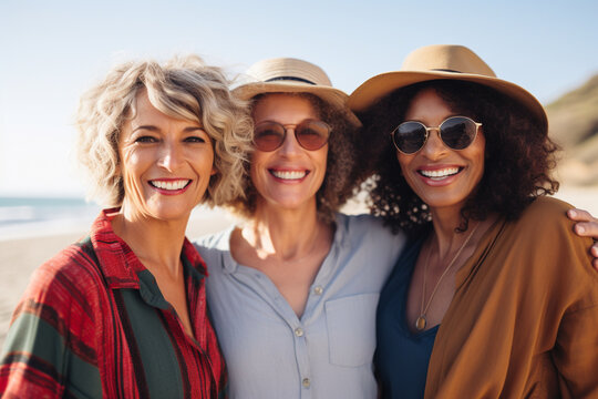 A Photo Of Three Diverse Middle - Aged Mature Women In Modern Stylish Clothes Smiling, On A Vacation At The Seaside Or Beach, Mature Friendship Representation.