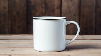 Mockup of white enamel cup. Vintage enameled mug on wooden table mockup. White blank Enamel Mug Mock-up on wooden table background. Blank cup for branding.