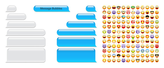 Blank message bubbles with emoji. Blue chat or messenger speech bubble. SMS text frame. Short message sending. Conversation screen. Social media application. Vector illustration