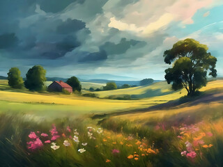Summer landscape 3d illustration. Natural background with green trees