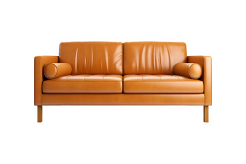 Brown Vintage style Camel leather sofa with bolster cushions, PNG isolated on a transparent background, AI