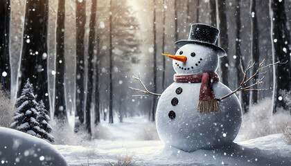 snowman in the forest with falling snow