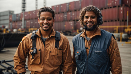 Fototapeta premium Against the backdrop of the cargo terminal, where international cargo is dispatched and delivered, you can see a group of engineers in specialized clothing. These workers smile to show their joy