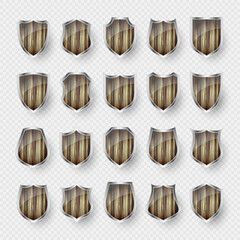 Set of wooden vintage shield icons. Black heraldic shields. Protection and security symbol, label. Vector illustration