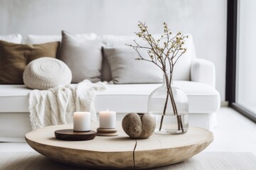 Home interior design of modern living room, white sofa in background