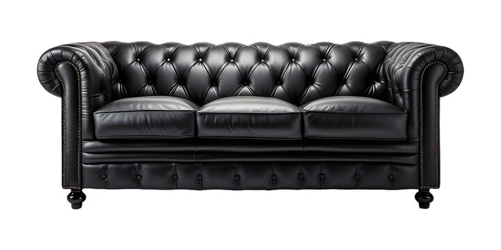 Elegant black leathered chesterfield sofa (PNG) isolated on a transparent background, AI