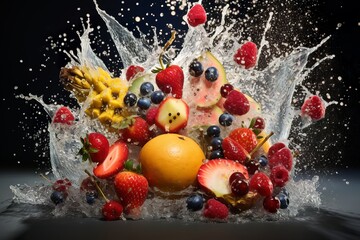 Obraz na płótnie Canvas fruits with grains and yogurt exploson