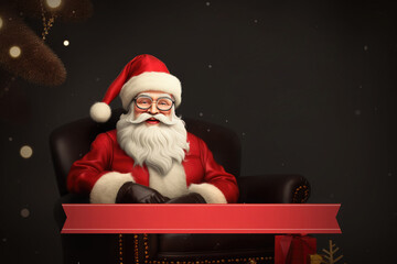 Santa Claus sits in a chair on a black background with space for product placement or advertising text.