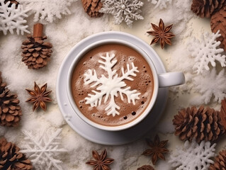 Fototapeta na wymiar Top view of a hot chocolate or cocoa cup on a snowy background with decorative snowflakes and cones.