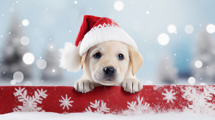 A white Labrador puppy in a Santa Claus hat looks out behind a red New Year's banner on a snowy background. Free space for product placement or advertising text. - obrazy, fototapety, plakaty