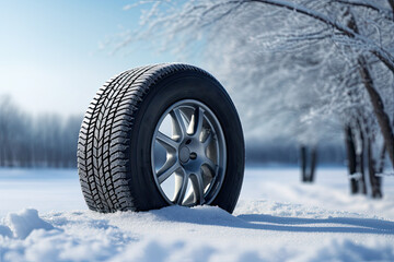 A car wheel with winter tire on a snow-covered road.