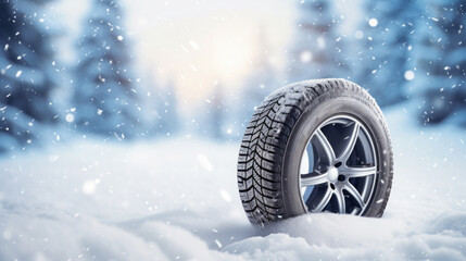Car wheel with winter tires in a snowdrift on a snowy forest background. Free space for product placement or advertising text. - obrazy, fototapety, plakaty