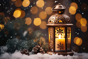 Closeup of Christmas Lantern with Snowfall - Created with Generative AI Tools