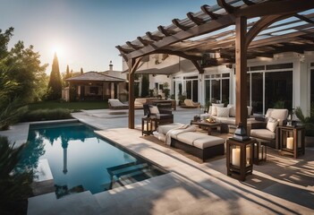 Backyard living space with outdoor furniture next to the pool under a pergola AI assisted finalized