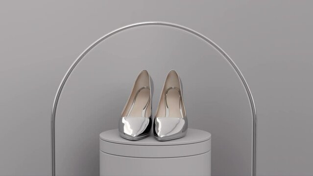 White (silver) women's high-heeled shoes on the podium. 3d rendering.