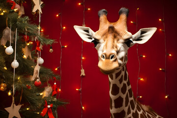 A giraffe in a Christmas setup. Studio portrait, winter festive season template.