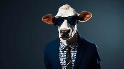 A portrait of a funky cow wearing sunglasses, funky jacket and a blue tie on a seamless dark blue...