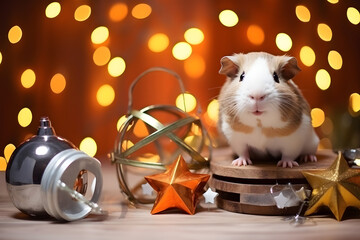A guinea pig in a Christmas setup. Studio portrait, winter festive season template.