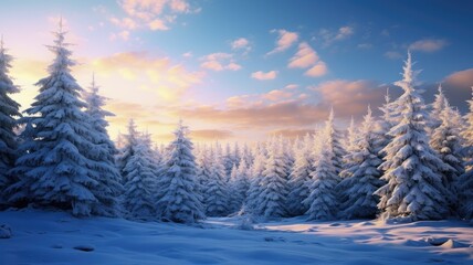 a picturesque winter scene with snow-covered fir trees, capturing the serene beauty of a snowy Christmas landscape.