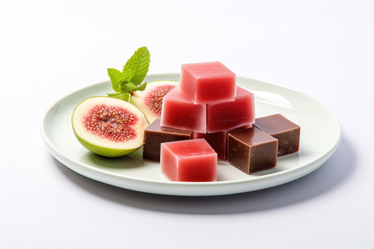 Sweet Plate of Sliced Guava fruit and Jelly on a plate on a  White Background